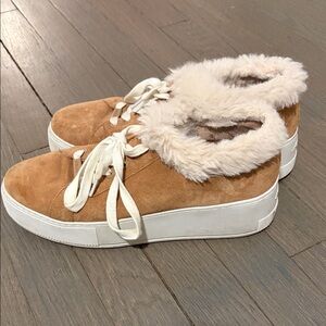 J Slides Tan Suede Fur Sneakers